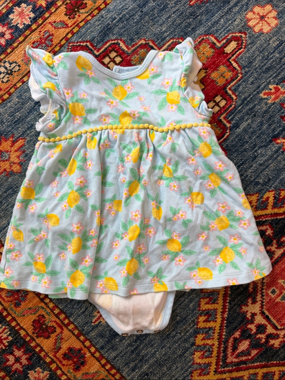 Little Me Light Blue Lemon Print Dress Bodysuit with Yellow Trim
